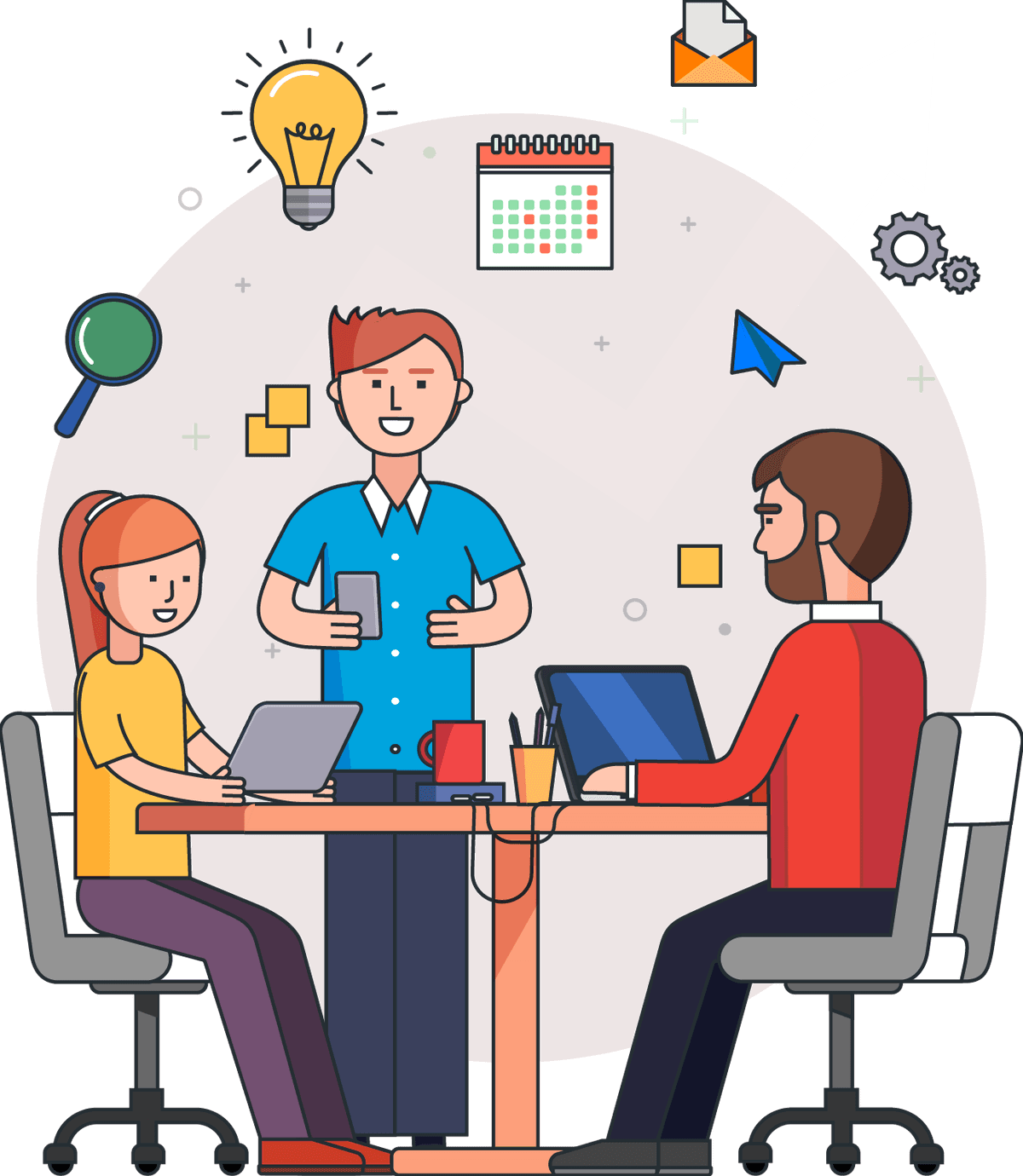 El equipo de Actívica reunido en una mesa de trabajo, con una flecha de crecimiento detrás.