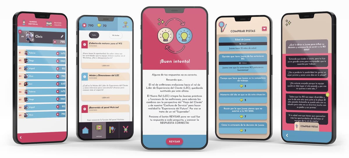 Five phones running Teamblox Learn: rankings, missions, a quiz result, a decision exercise, and a chat